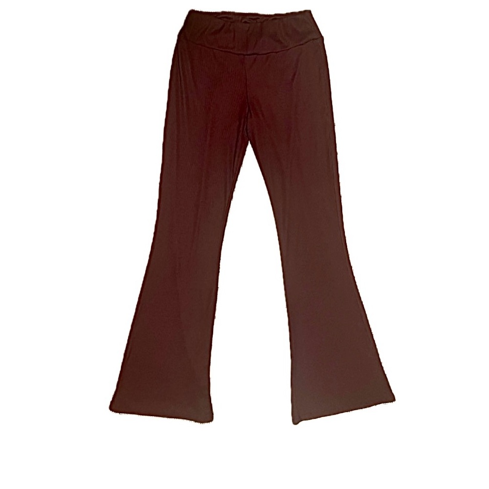 Pink Rose Ribbed Stretch Bellbottom Pants in Burgundy